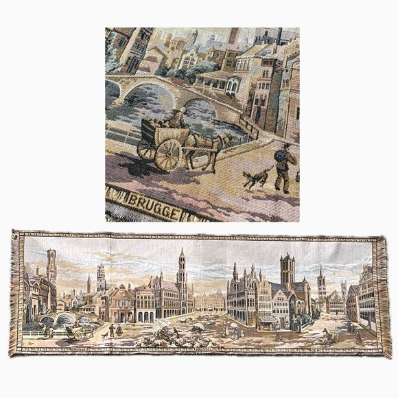 Rare Belgium Tapestry Brussels Bruges Gent Wall Hanging City Scene - Picture 1 of 13